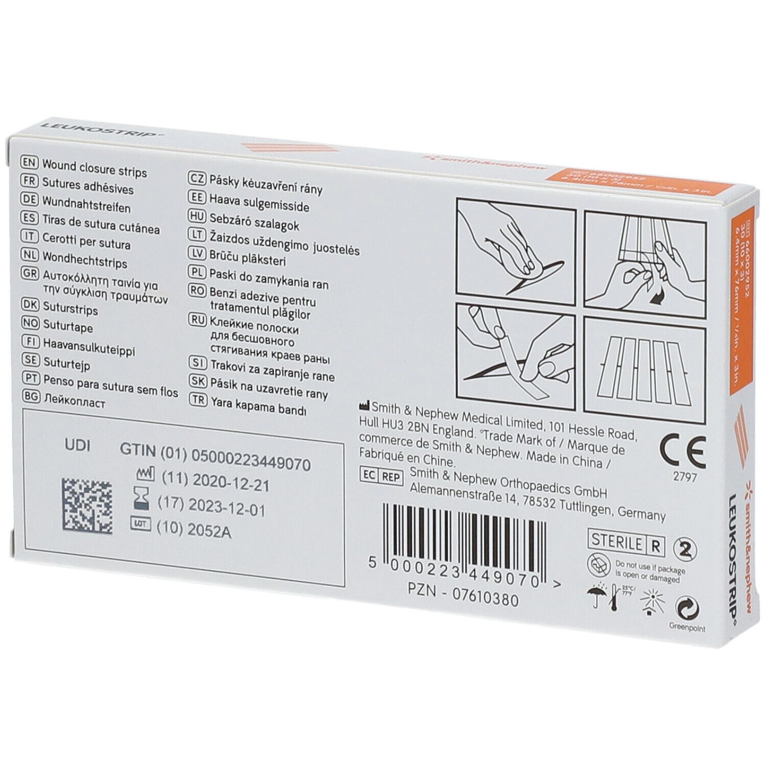 Rückseite der Leukostrip-Verpackung. Informationen zu Inhaltsstoffen, Hersteller und Zertifizierungen.