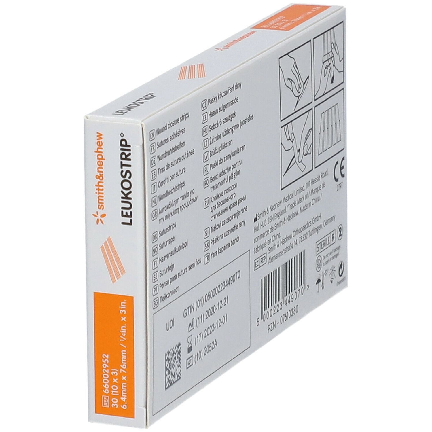 Leukostrip-Verpackung, schräg. Rückseite mit Informationen zu Inhaltsstoffen, Hersteller und Zertifizierungen.