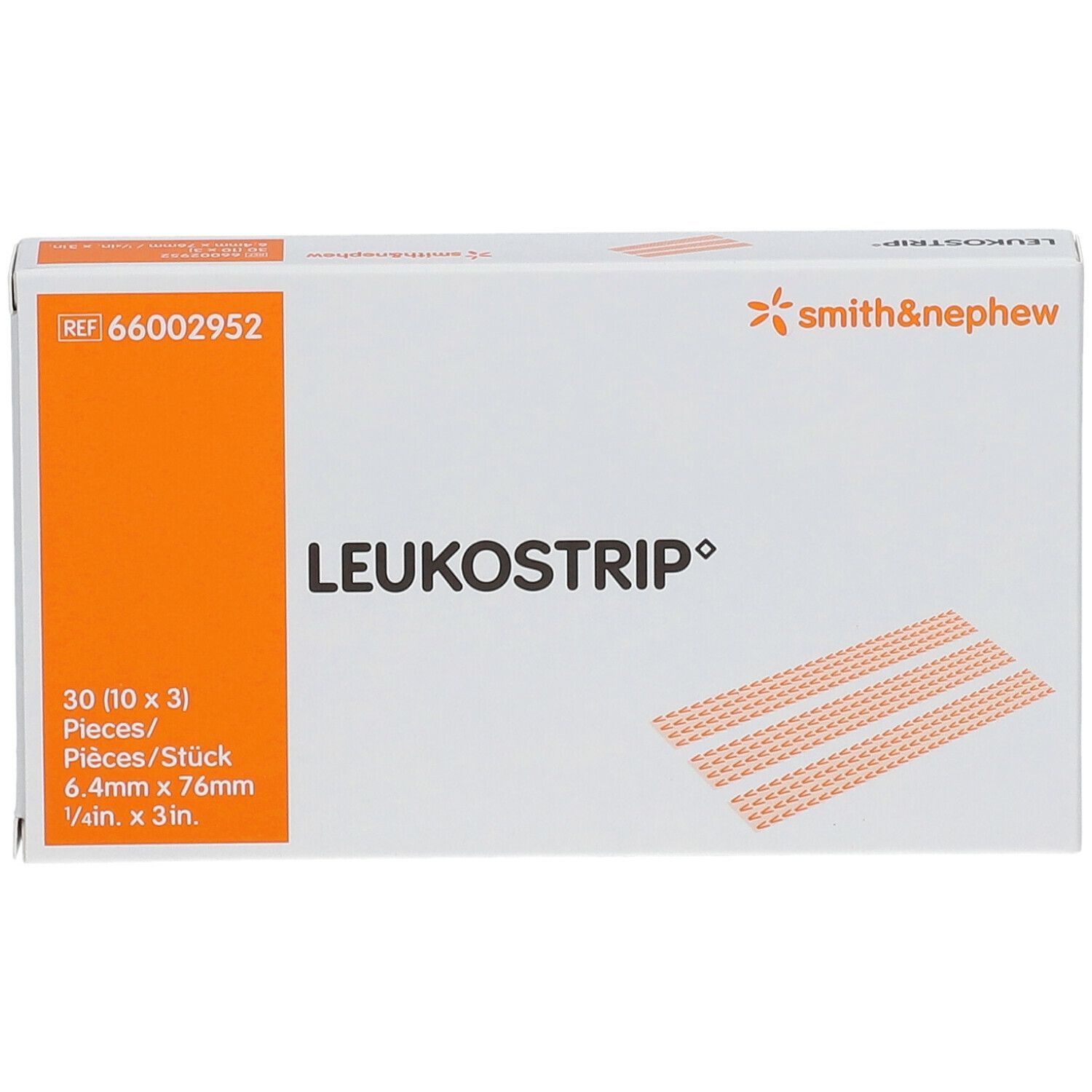 Leukostrip-Verpackung. Enthält 30 Streifen, 6,4 mm x 76 mm. Marke Smith & Nephew.