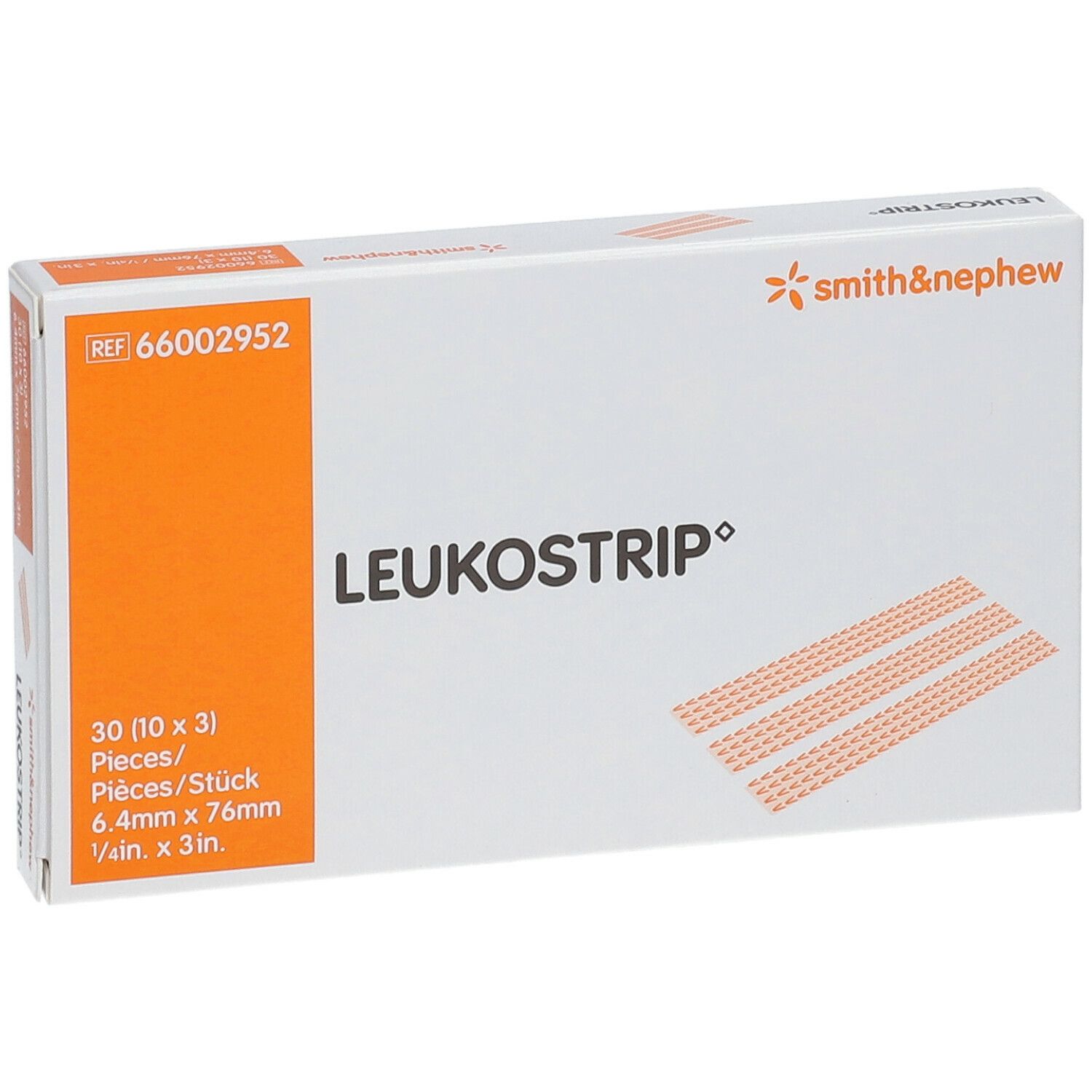 Leukostrip-Verpackung. Enthält 30 Streifen, 6,4 mm x 76 mm. Marke Smith & Nephew.
