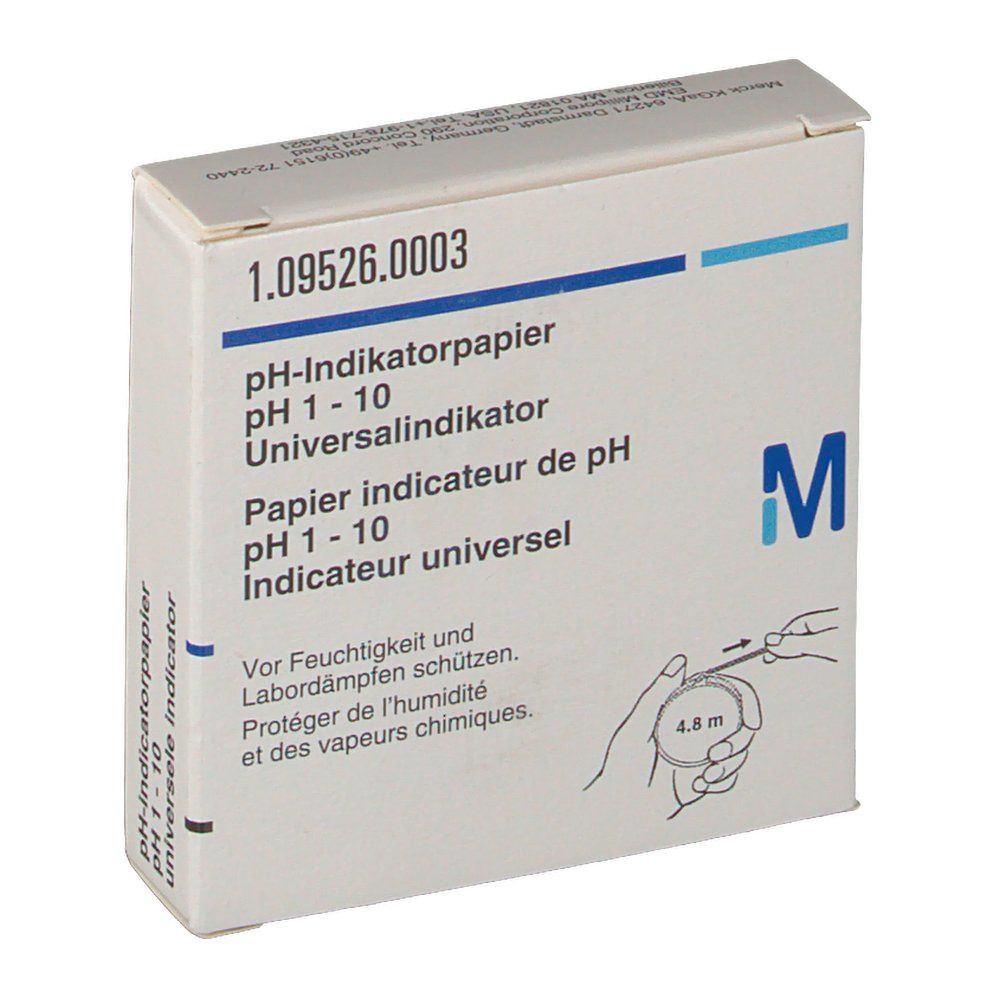 Boîte en carton de papier indicateur de pH. Inscription : pH 1-10, indicateur universel. Texte bleu et noir sur fond blanc. Marque 'M'.
