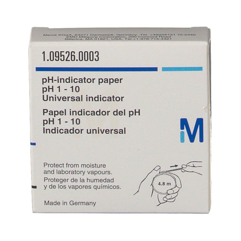 Boîte en carton de papier indicateur de pH. Inscription : pH 1-10, indicateur universel. Texte bleu et noir sur fond blanc. Marque 'M'.