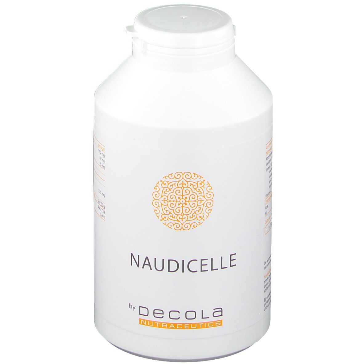Flacon blanc avec inscription NAUDICELLE et logo. De Decola Nutraceutics. Bouchon en haut.