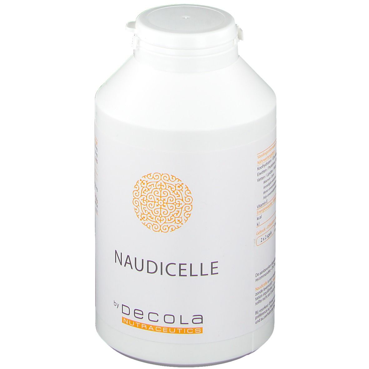 Flacon blanc avec inscription NAUDICELLE et logo. De Decola Nutraceutics. Bouchon en haut.
