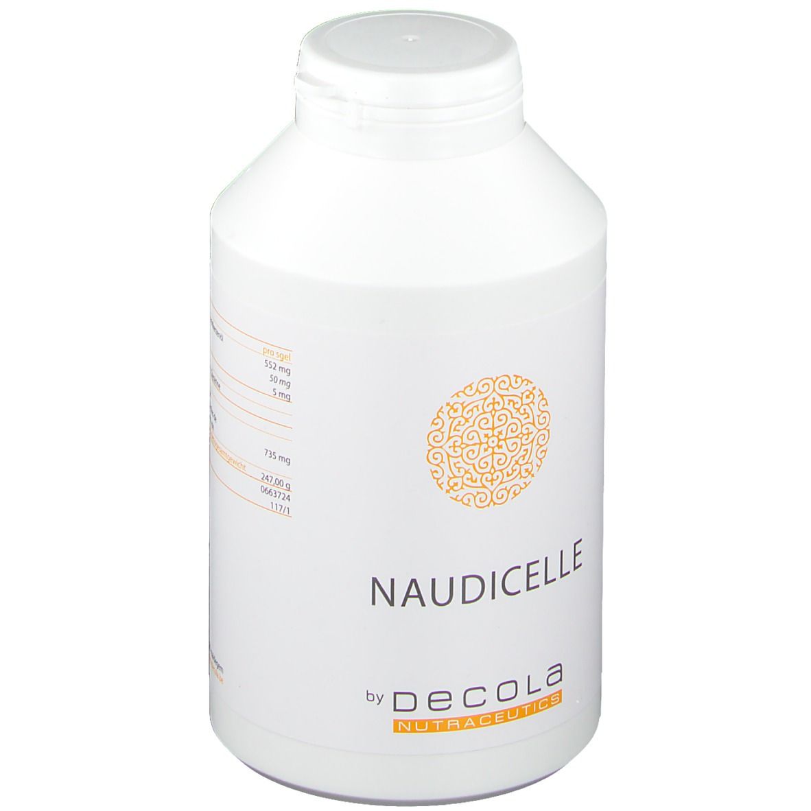 Flacon blanc avec inscription NAUDICELLE et logo. De Decola Nutraceutics. Bouchon en haut.