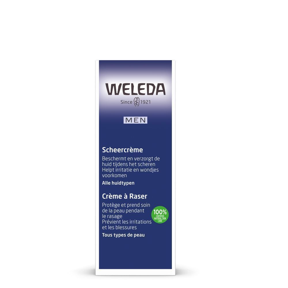 Weleda Crème à Raser Verpackung. Blau und weiß. Schriftzug: Weleda, Since 1921, Men, Crème à Raser, 100% natürliche Inhaltsstoffe.
