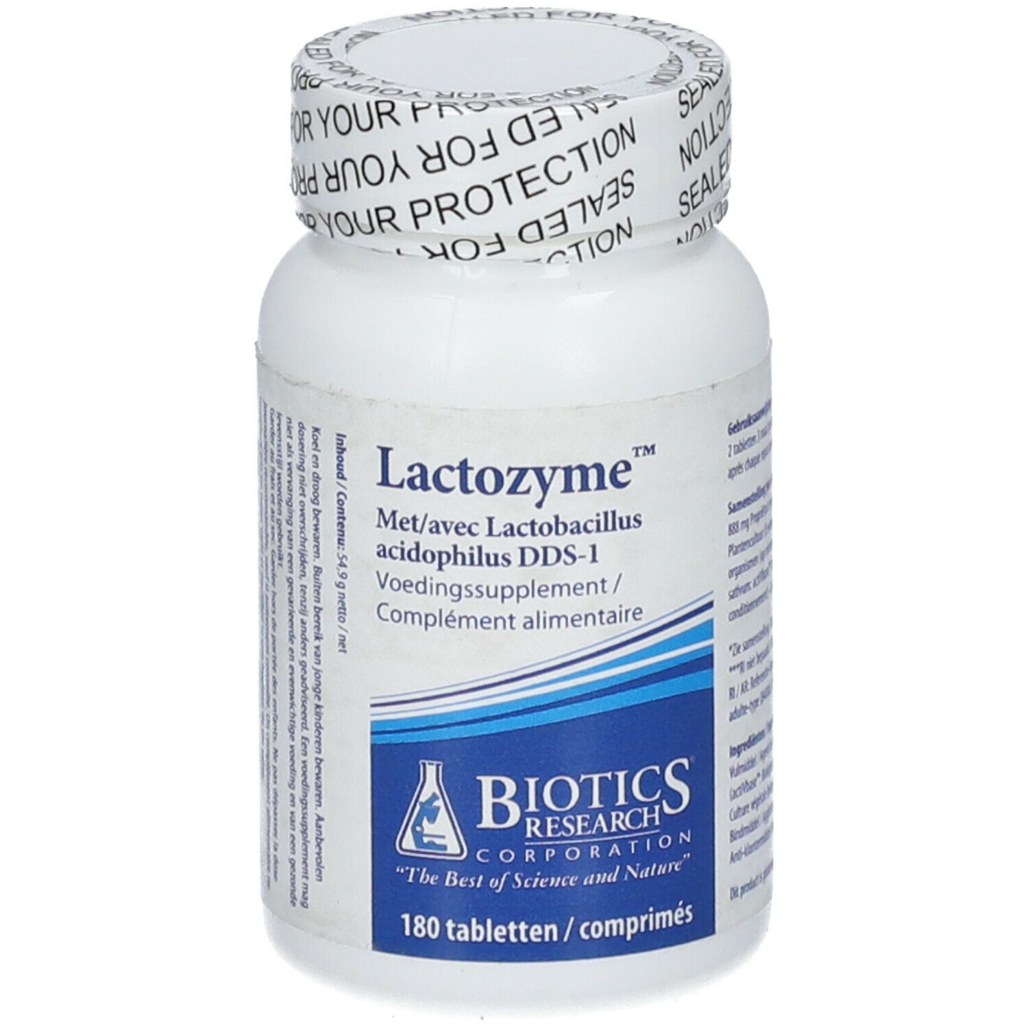 Flacone bianco con "Lactozyme" e logo "Biotics Research". 180 compresse. Tappo con "SEALED FOR YOUR PROTECTION".