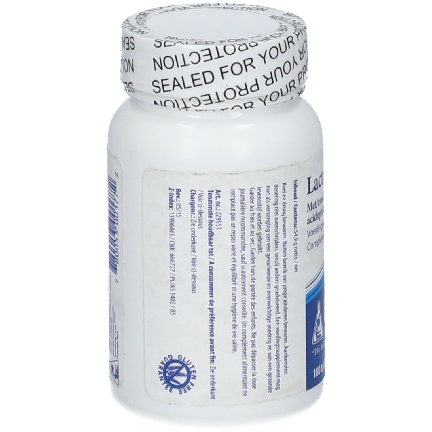 Flacone bianco con testo. Sigillo senza glutine. Tappo con "SEALED FOR YOUR PROTECTION".
