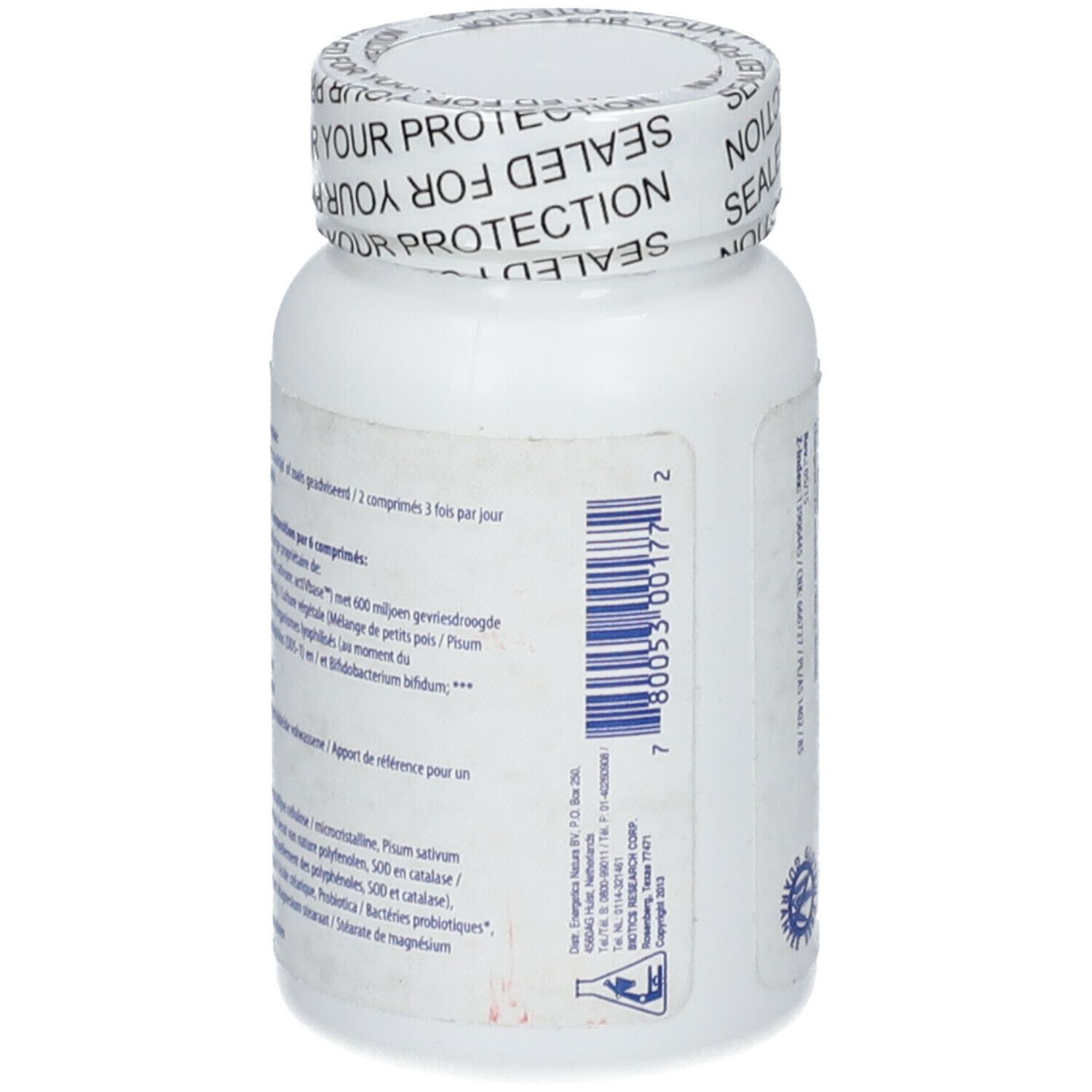 Flacone bianco con testo e codice a barre. Tappo con "SEALED FOR YOUR PROTECTION".