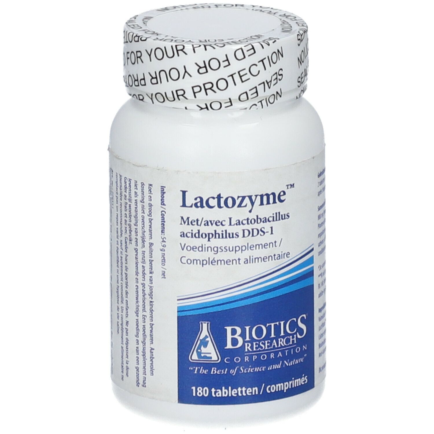 Flacone bianco con "Lactozyme" e logo "Biotics Research". 180 compresse. Tappo con "SEALED FOR YOUR PROTECTION".