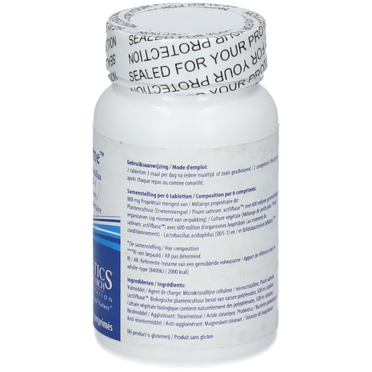Flacone bianco con testo. Tappo con "SEALED FOR YOUR PROTECTION".