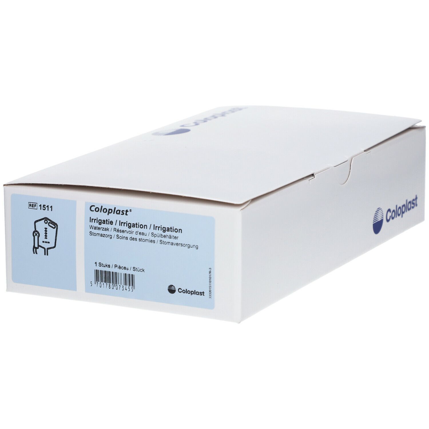 Emballage blanc Coloplast. Nom du produit : Irrigation. Logo et texte Coloplast. Boîte fermée.