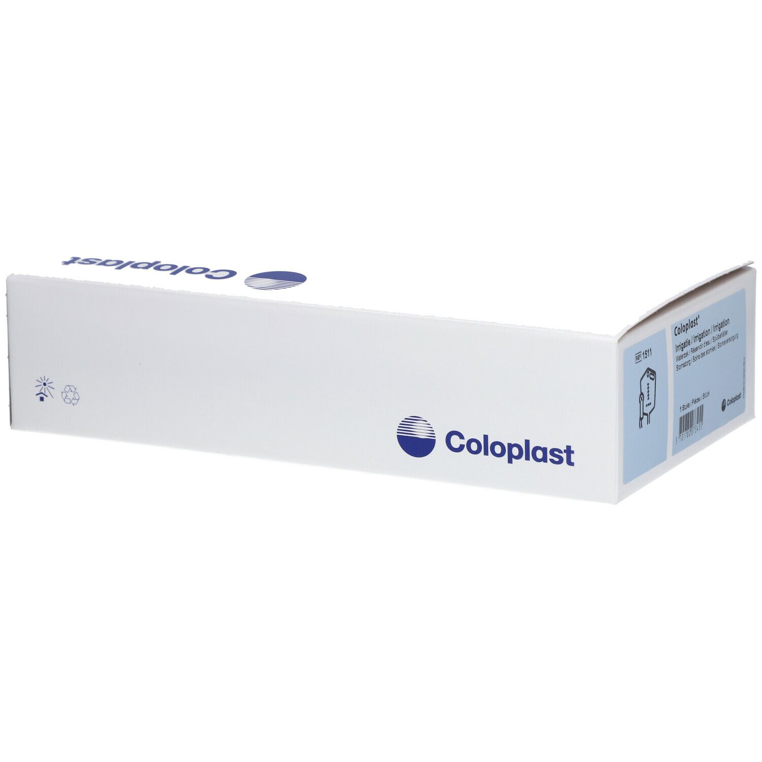 Emballage blanc Coloplast. Nom du produit : Irrigation. Logo et texte Coloplast. Boîte fermée.