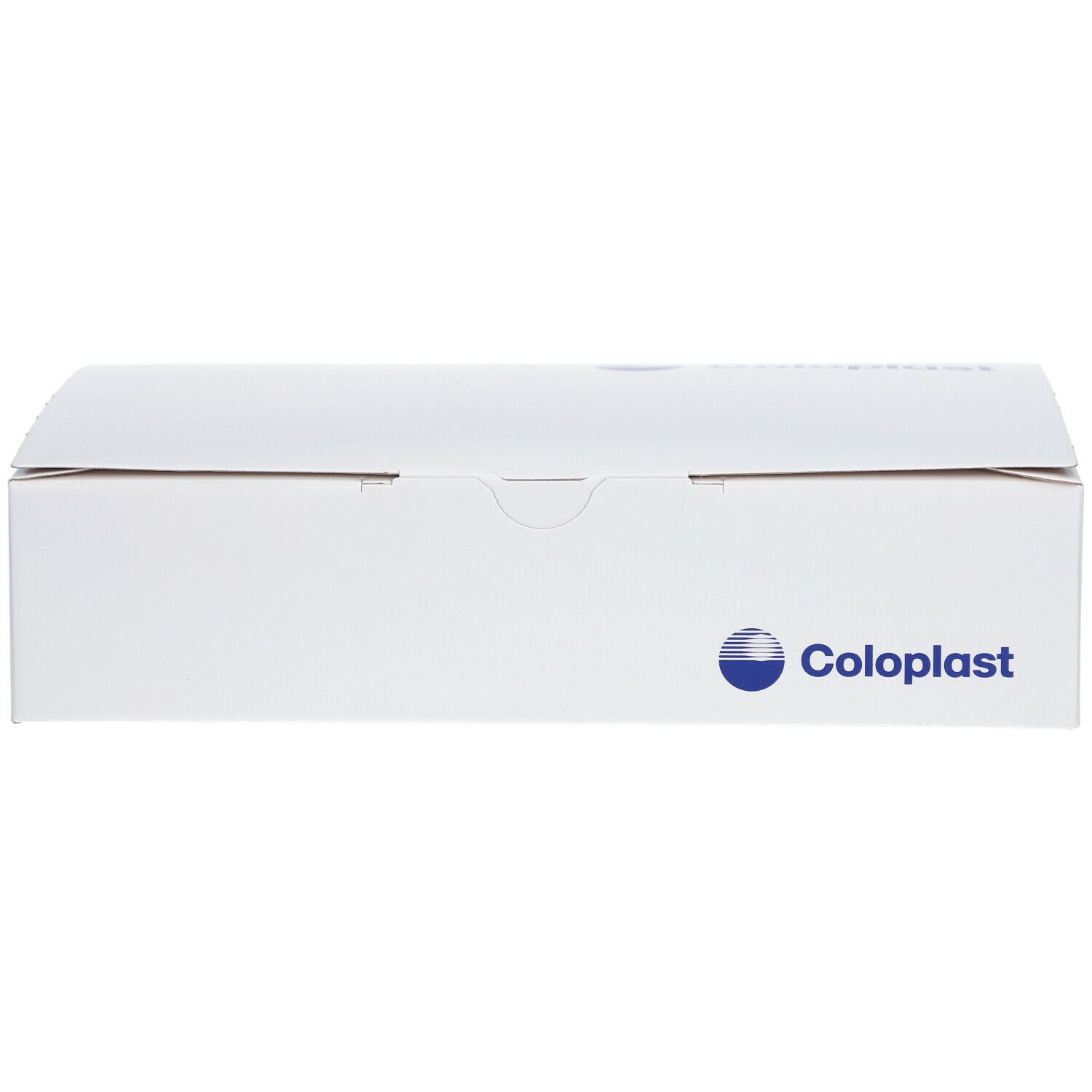 Emballage blanc Coloplast. Logo et texte Coloplast. Boîte rectangulaire fermée.