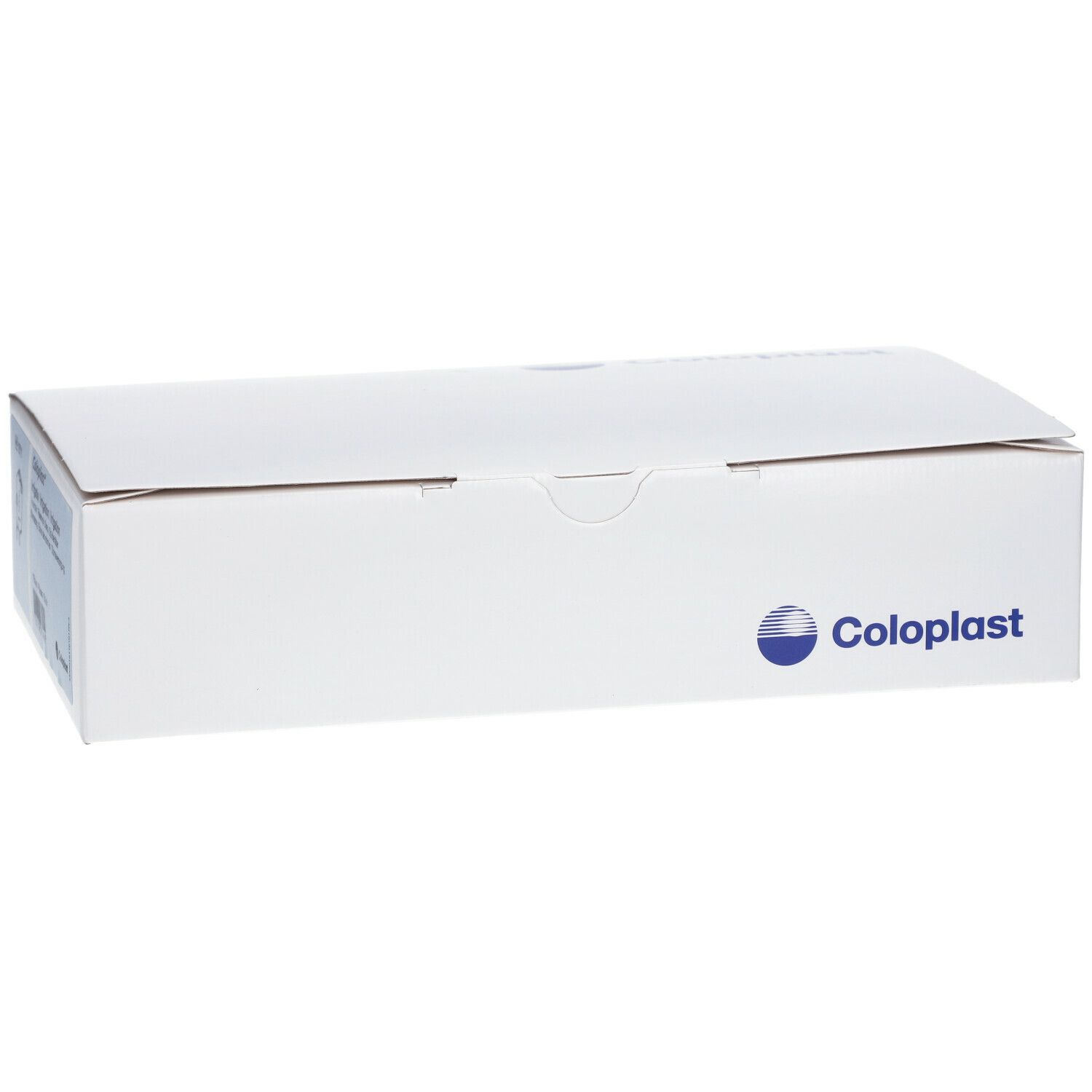 Emballage blanc Coloplast. Logo et texte Coloplast. Boîte rectangulaire fermée.