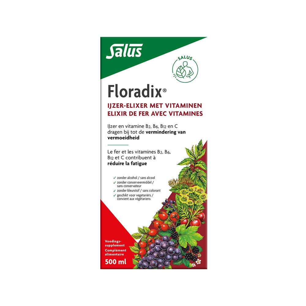 Rode doos. Salus Floradix®. IJzerelixer met vitaminen. 500 ml. Zonder alcohol, conserveermiddelen, kleurstoffen.