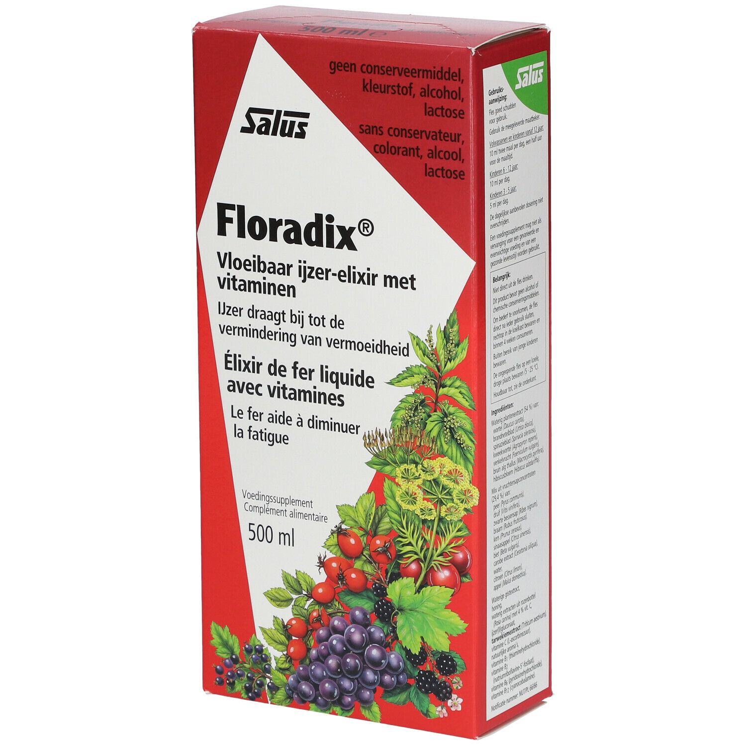 Rode kartonnen verpakking. Salus Floradix®. Vloeibaar ijzer-elixer met vitaminen. Illustratie van fruit en kruiden. 500 ml.