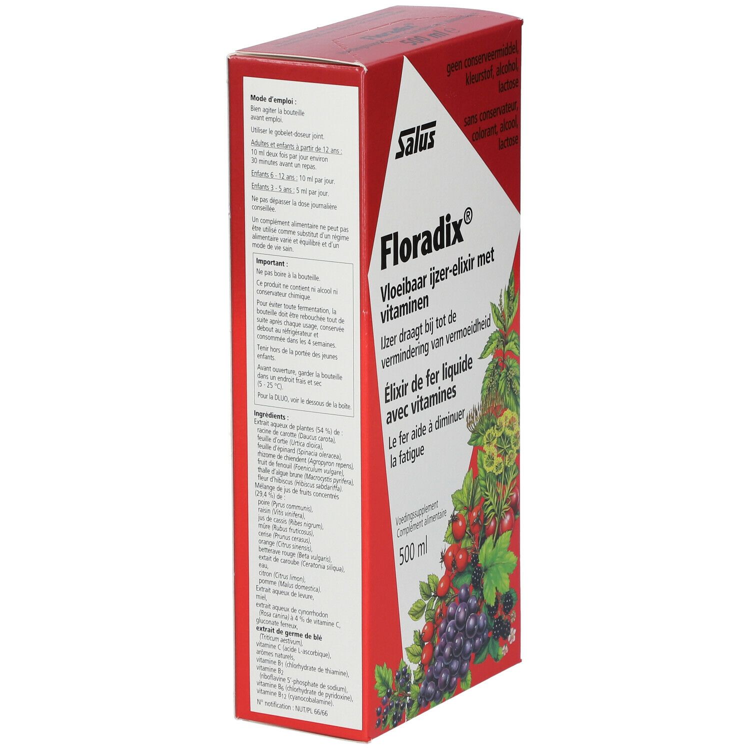Rode kartonnen verpakking. Salus Floradix®. Vloeibaar ijzer-elixer met vitaminen. Tekst en ingrediëntenlijst. 500 ml.
