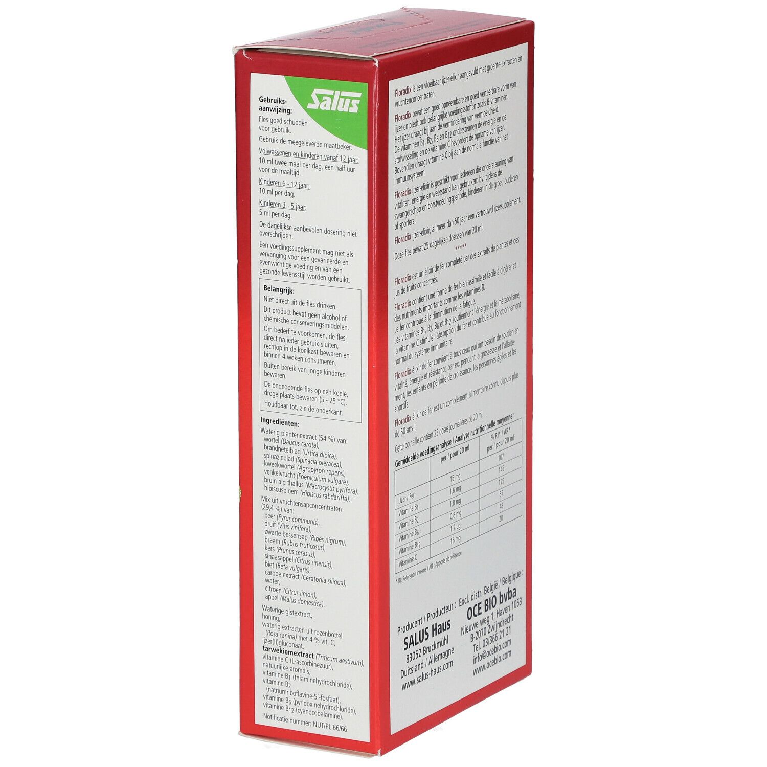 Rode kartonnen verpakking. Salus Floradix®. Vloeibaar ijzer-elixer met vitaminen. Tekst en dosering. 500 ml.