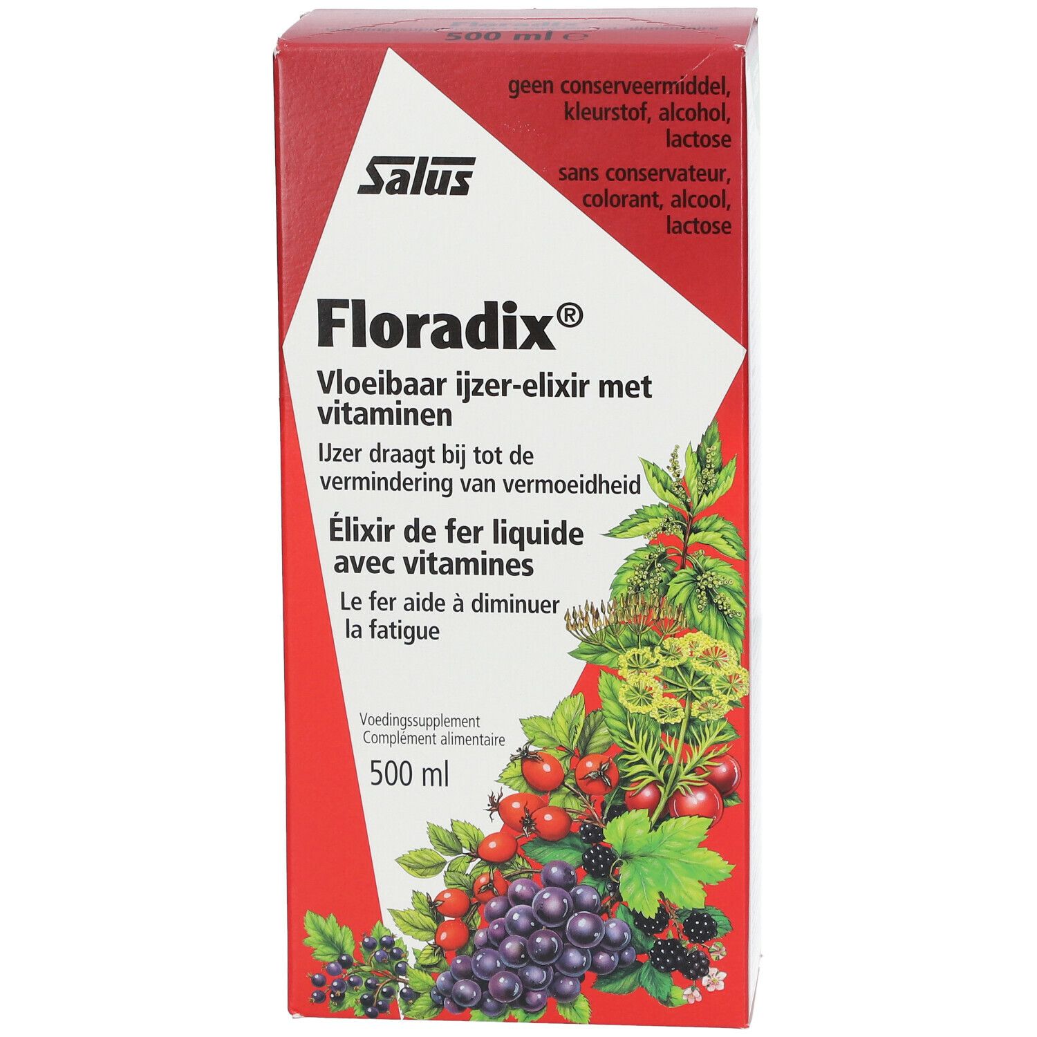 Rode kartonnen verpakking. Salus Floradix®. Vloeibaar ijzer-elixer met vitaminen. Illustratie van fruit en kruiden. 500 ml.