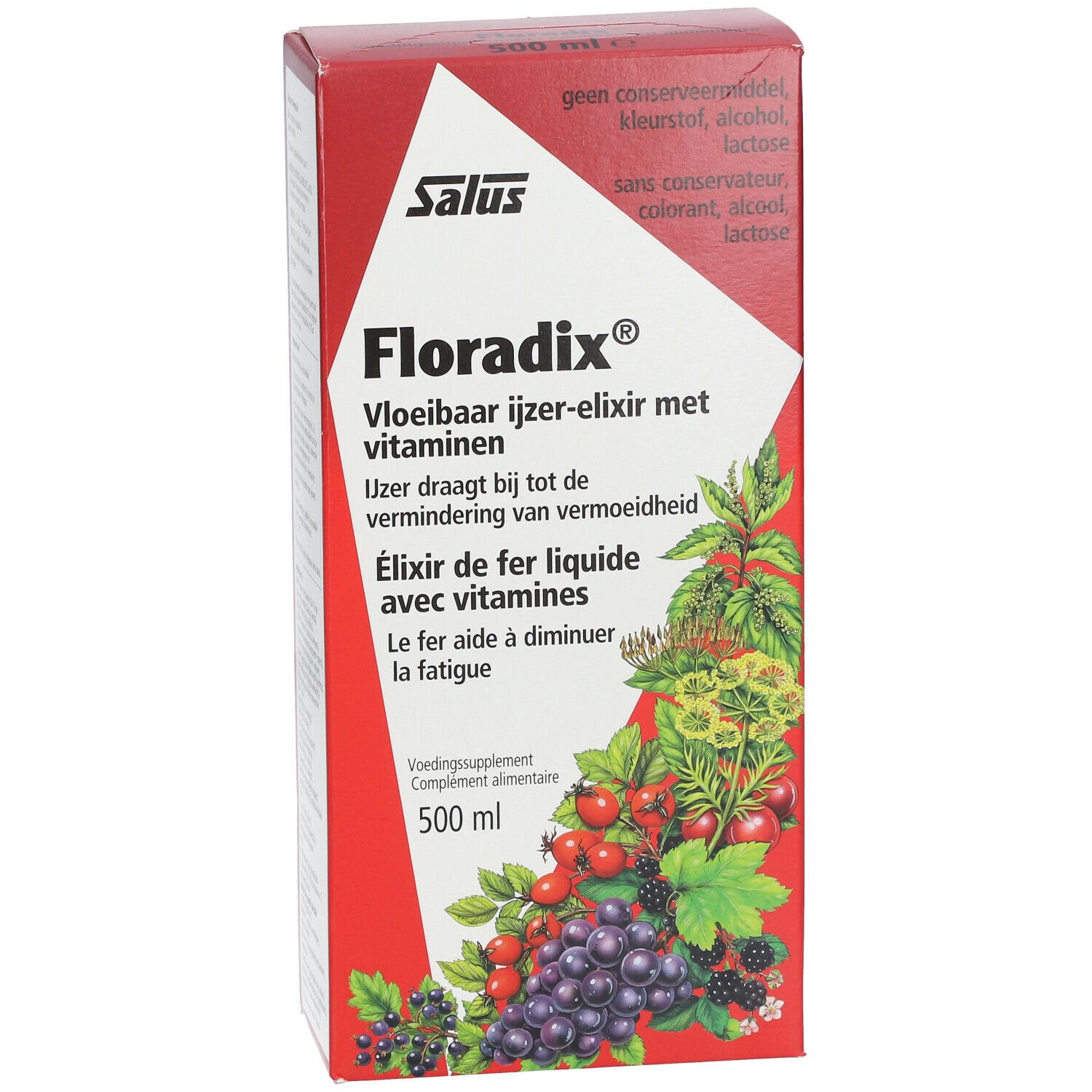 Rode kartonnen verpakking. Salus Floradix®. Vloeibaar ijzer-elixer met vitaminen. Illustratie van fruit en kruiden. 500 ml.