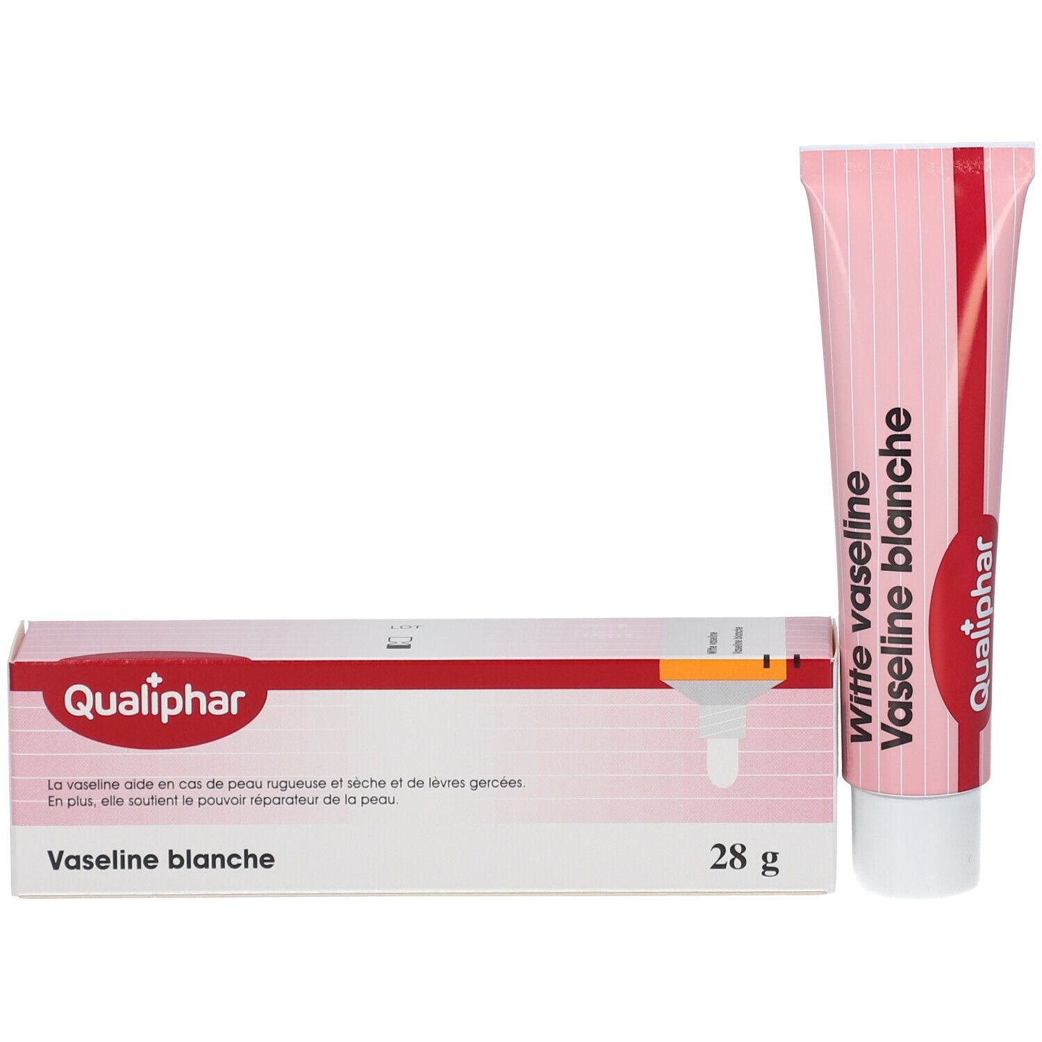 Verpakking en tube. Verpakking: wit-rood, opschrift: Vaseline blanche, Qualiphar. Tube: roze, witte dop.