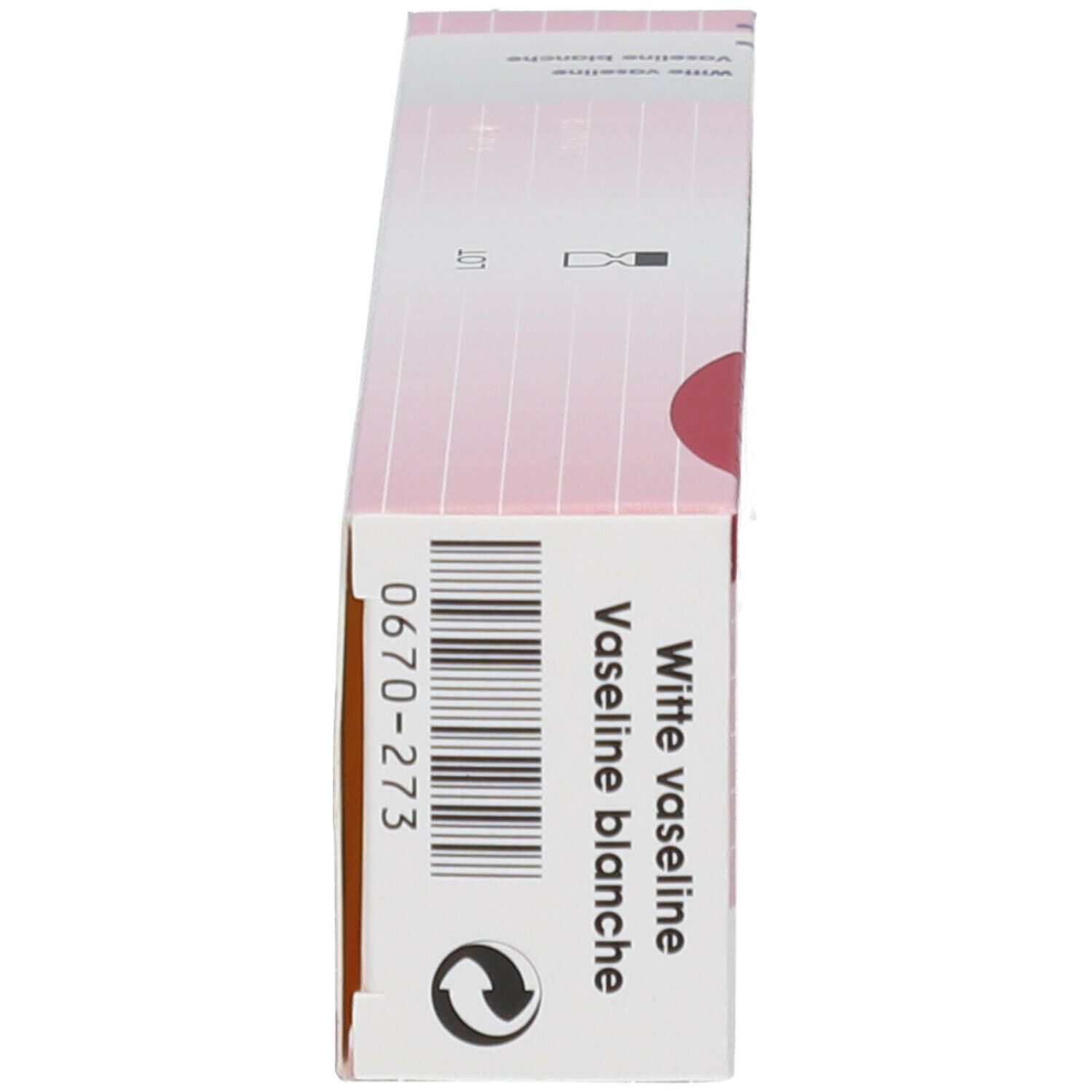 Zijaanzicht van de verpakking. Opschrift: Vaseline blanche, 0670-273, recyclagesymbool.
