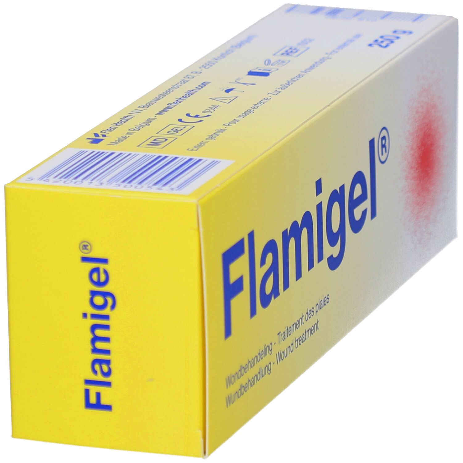 Gelbe Schachtel mit Flamigel®-Logo. Text: Wundbehandlung.