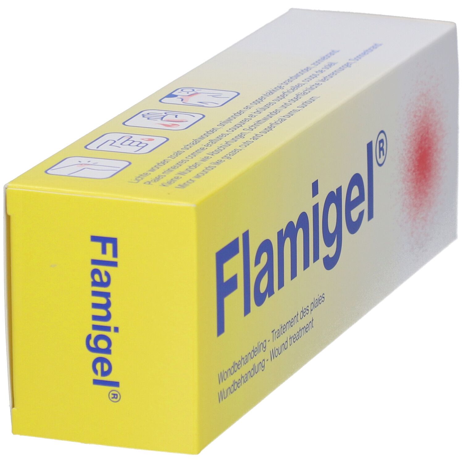 Gelbe Schachtel mit Flamigel®-Logo. Text: Wundbehandlung.
