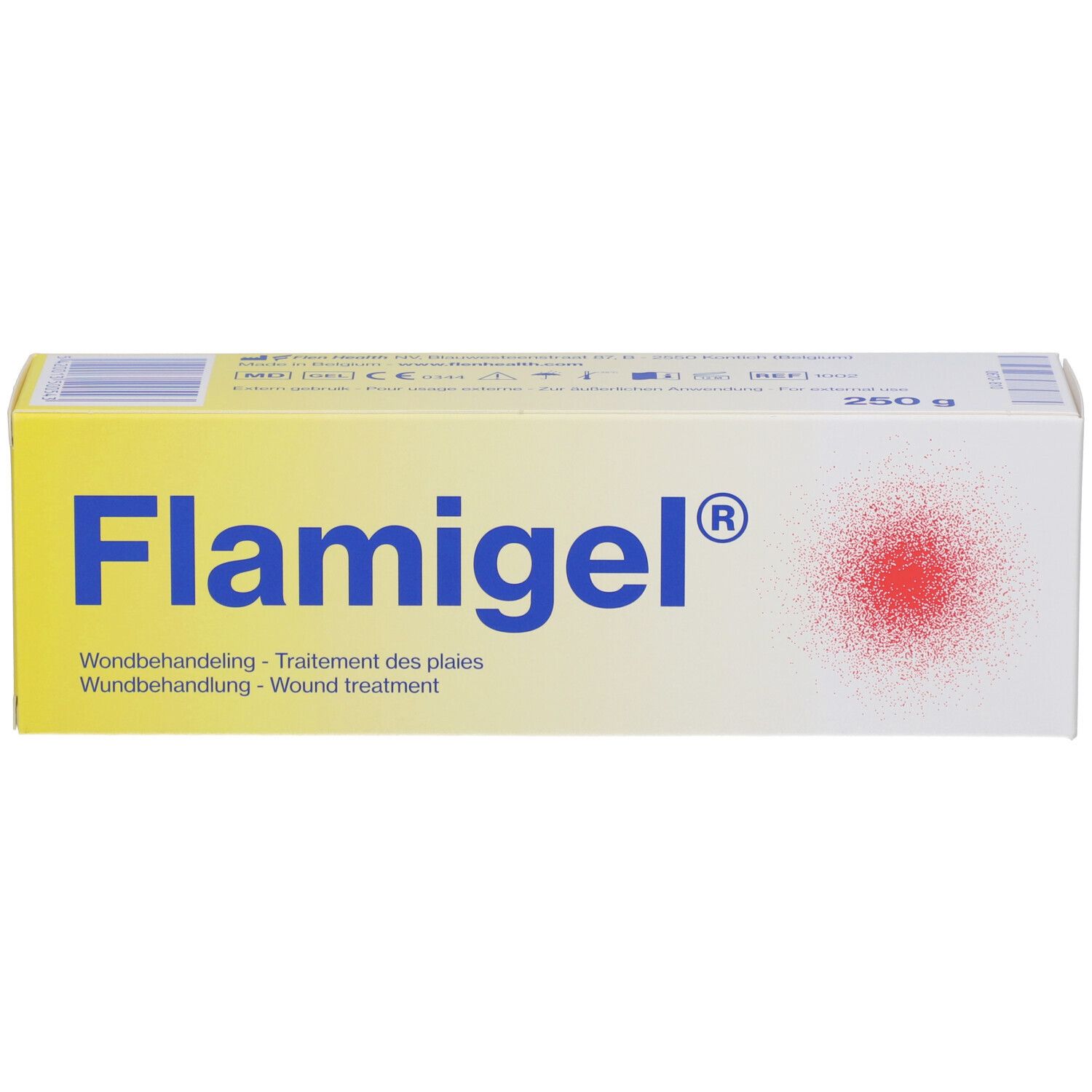 Gelbe und weiße Schachtel mit Flamigel®-Logo. Text: Wundbehandlung, 250 g.