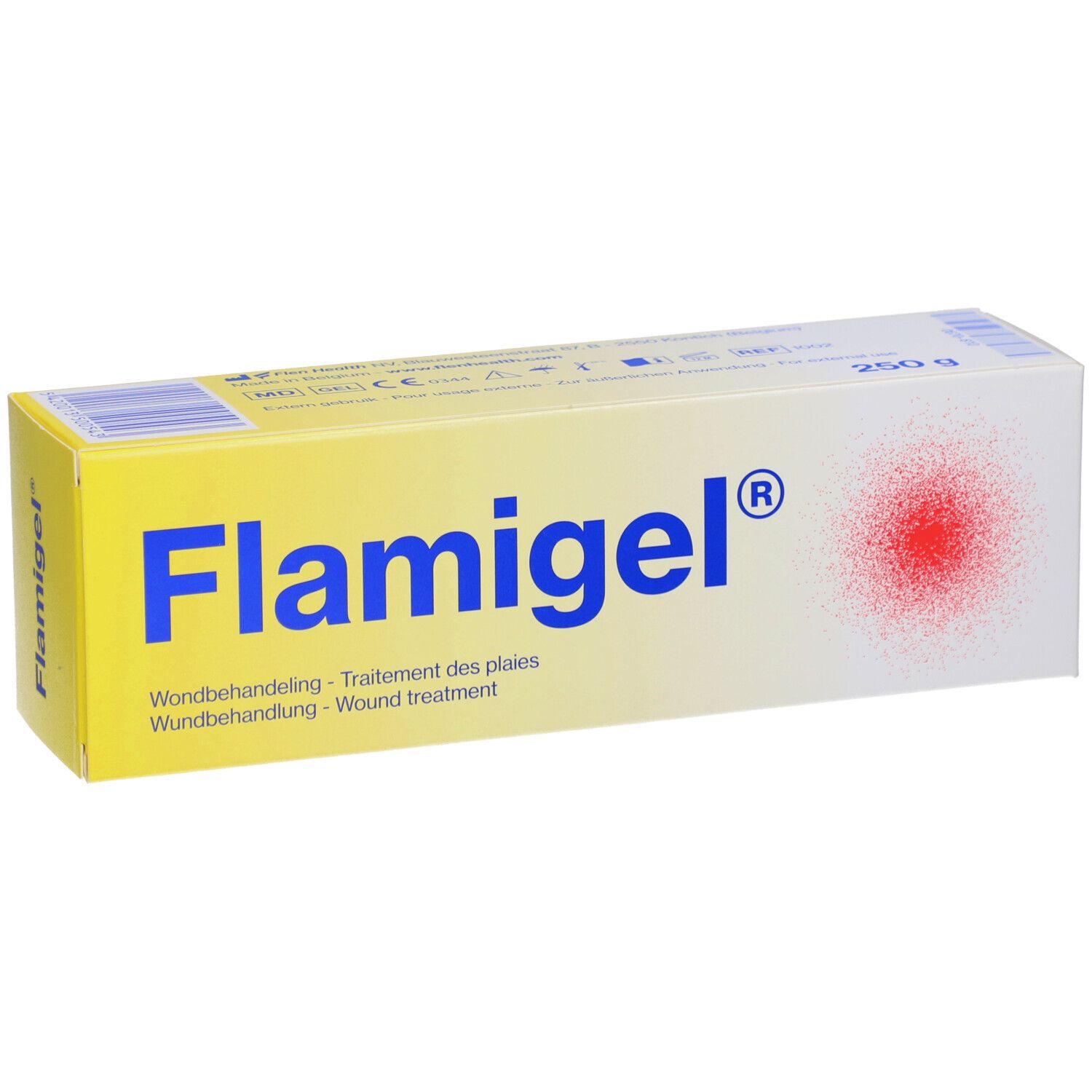 Gelbe und weiße Schachtel mit Flamigel®-Logo. Text: Wundbehandlung, 250 g.