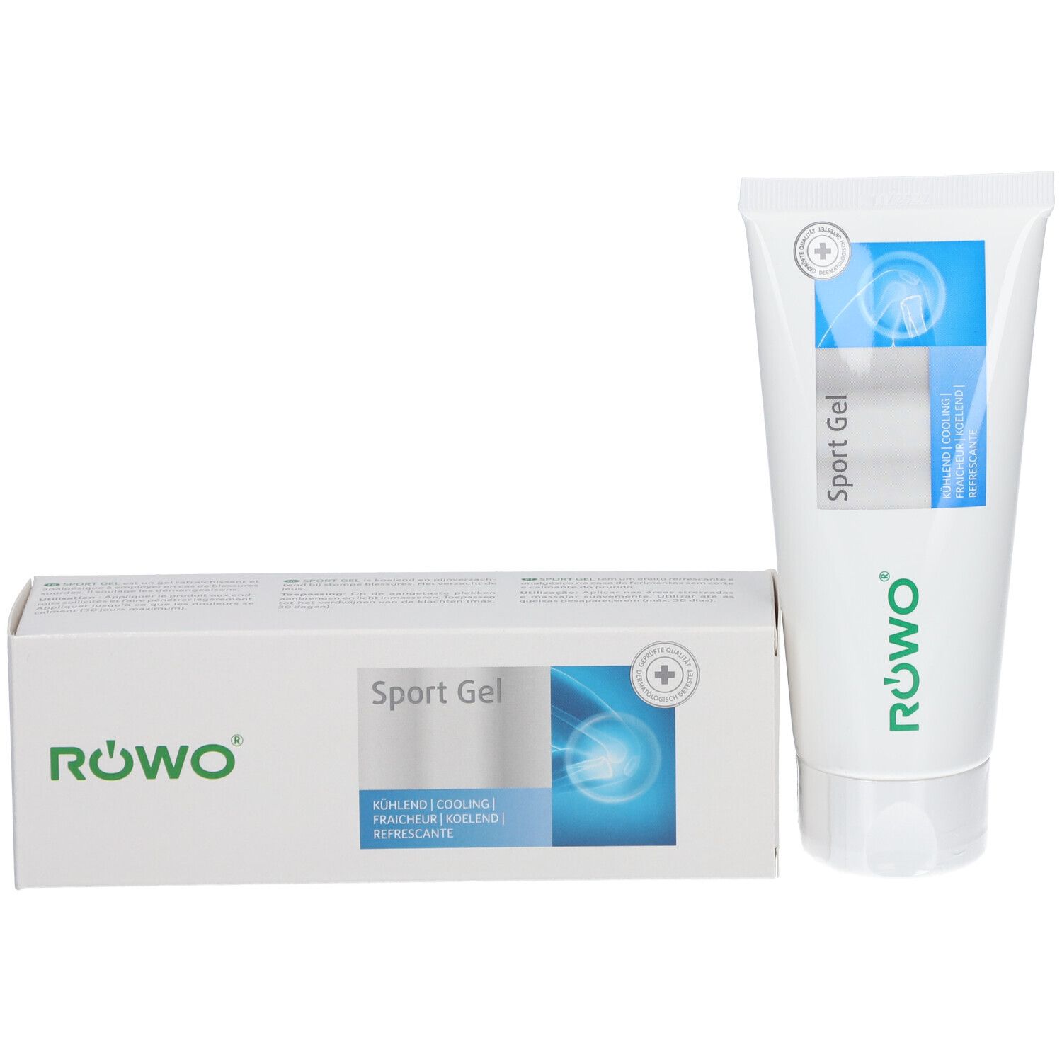 Tube et boîte blancs. Tube avec bande bleue et "Sport Gel". Boîte avec logo ROWO et "Sport Gel".