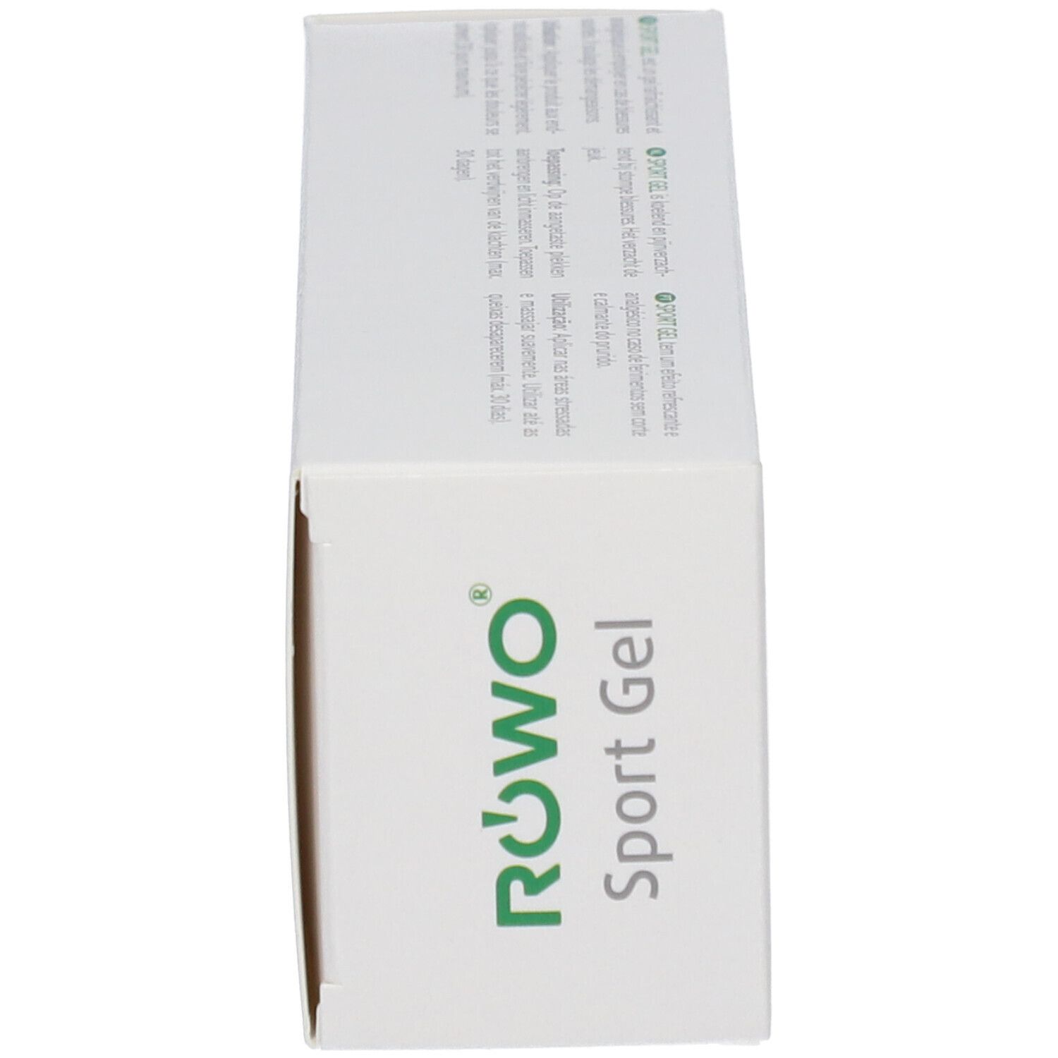 Boîte blanche avec logo ROWO et inscription "Sport Gel". Texte en allemand. Vue latérale.