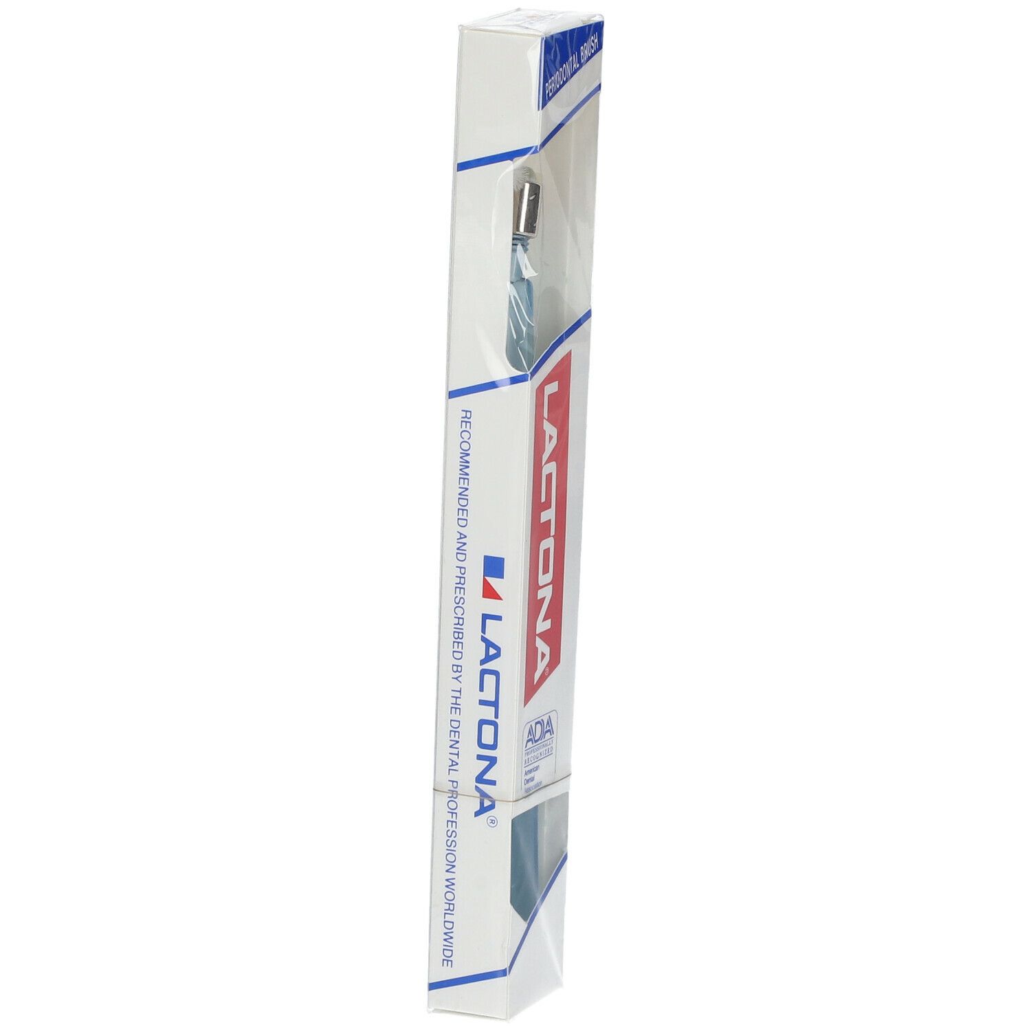 Zahnbürste in Verpackung. Marke Lactona, rotes Logo. Text: Empfohlen von Zahnärzten weltweit.