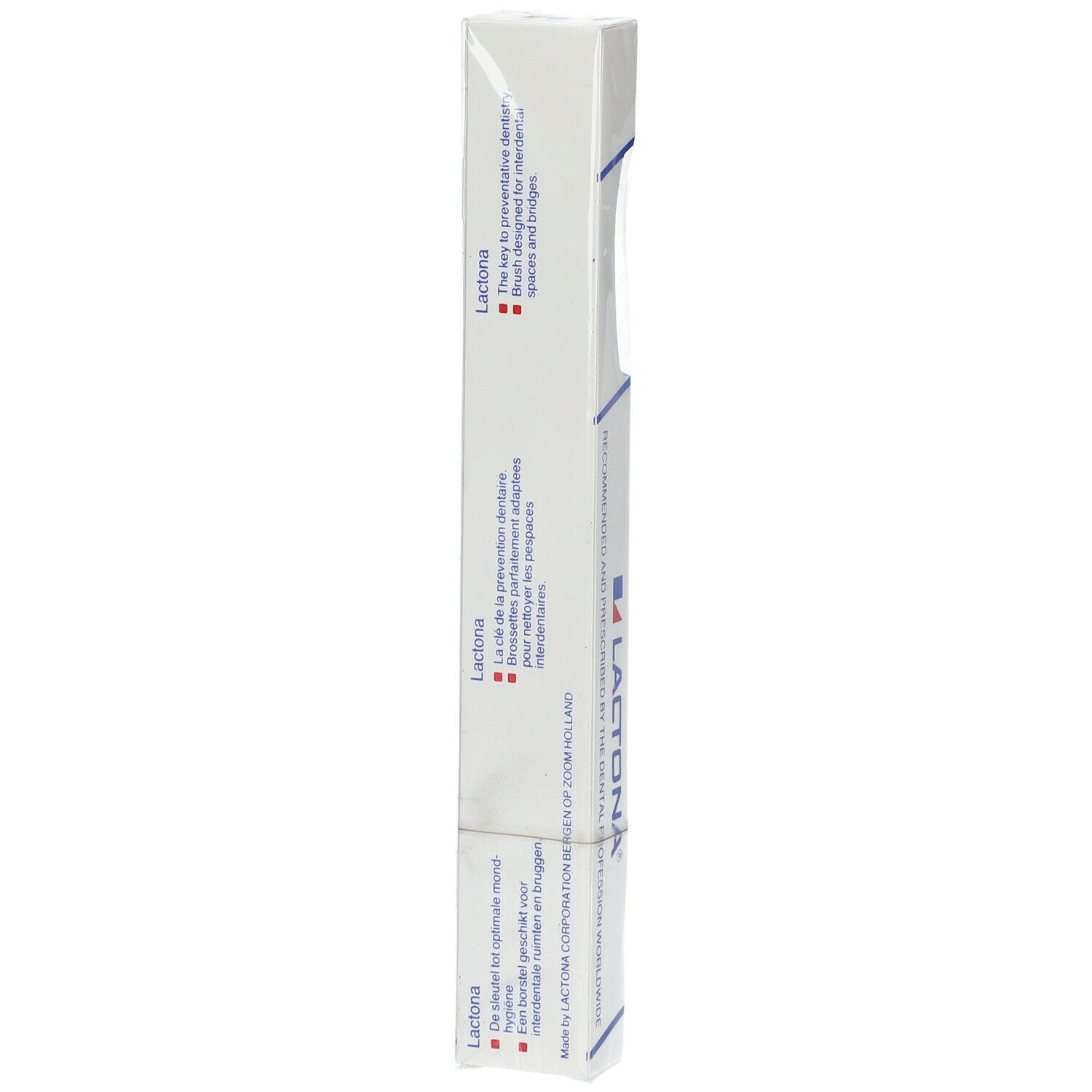 Verpackung der Zahnbürste. Text: Lactona. Informationen zur Vorbeugung von Zahnfleischerkrankungen.
