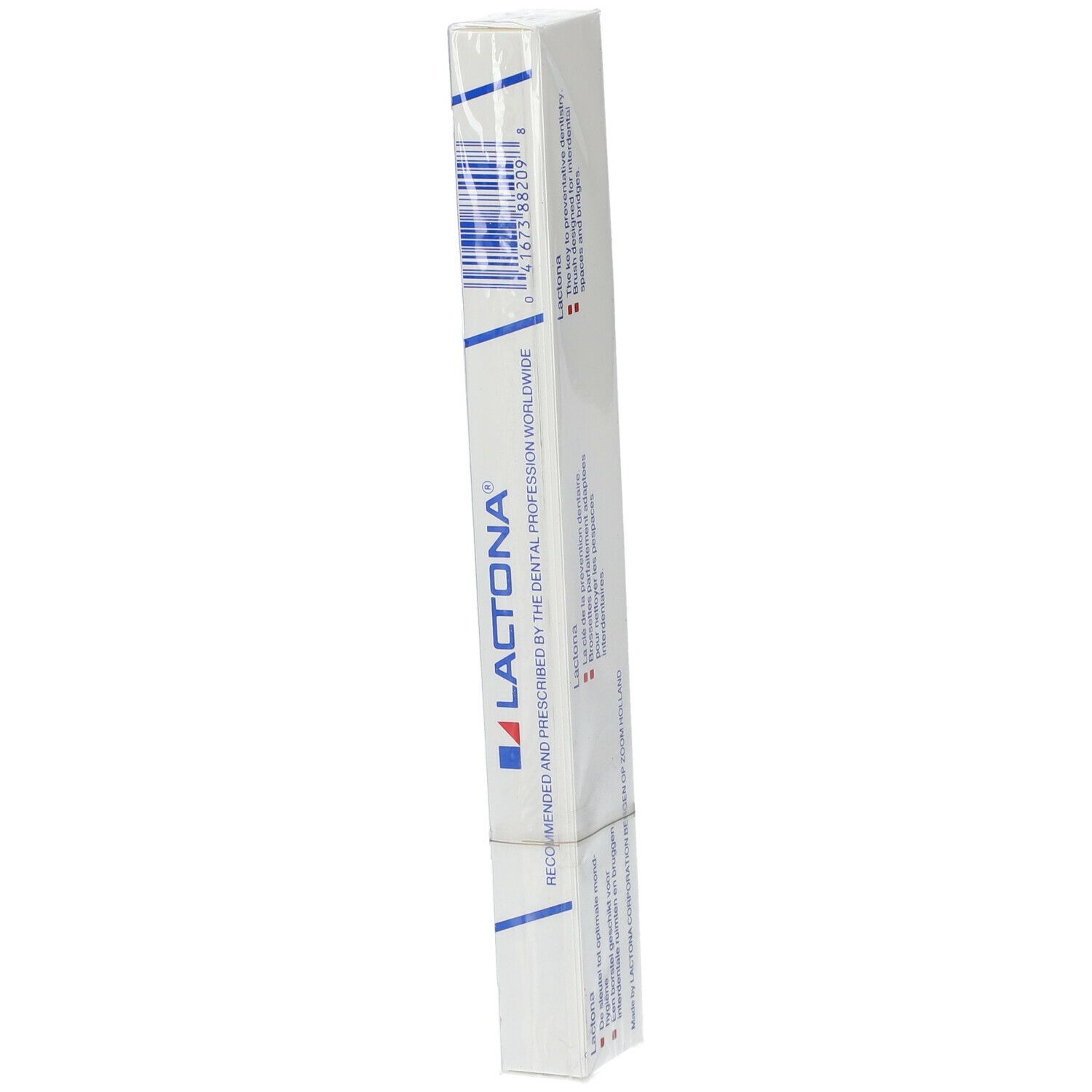 Rückseite der Zahnbürstenverpackung. Marke Lactona. Text und Barcode. Blaue und weiße Verpackung.