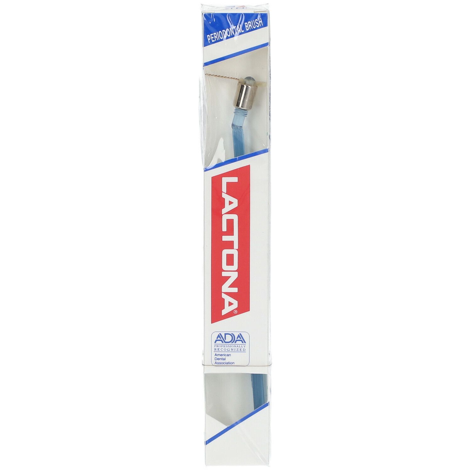 Zahnbürste in Verpackung. Marke Lactona, rotes Logo. ADA-Siegel. Blaue Borsten sichtbar.