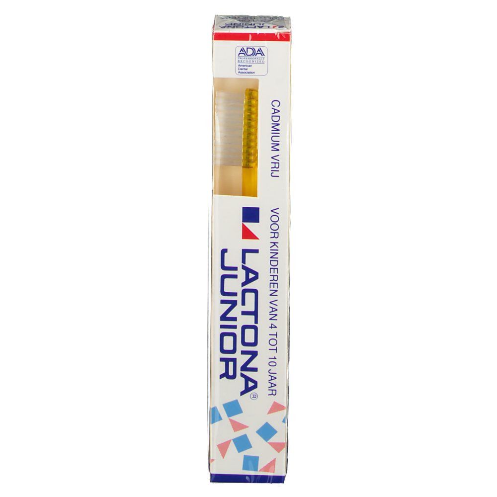 Brosse à dents dans son emballage. Tête jaune, manche transparent. Emballage avec logo et texte.