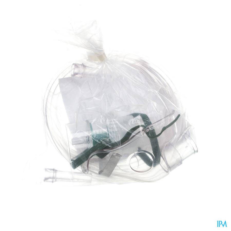 Masque à oxygène dans un emballage plastique. Comprend masque, tube et accessoires. Matériaux transparents. Accents verdâtres.