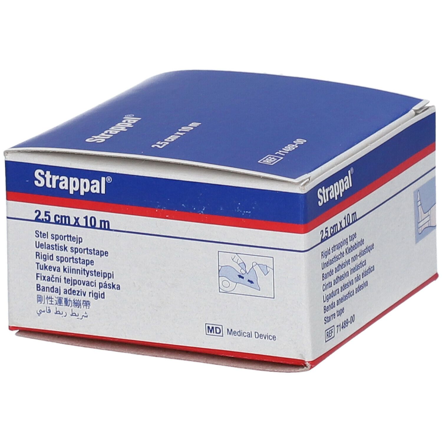 Boîte de Strappal® 2,5 cm x 10 m. Inscription: Bande adhésive non-élastique. MD Medical Device.