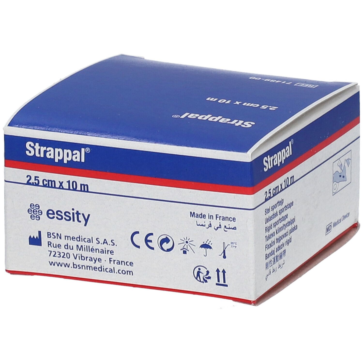 Boîte de Strappal® 2,5 cm x 10 m. Inscription: essity, Fabriqué en France. Marquage CE.