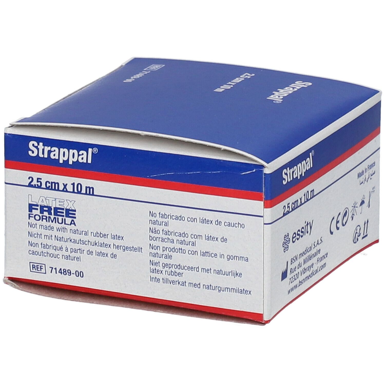 Boîte de Strappal® 2,5 cm x 10 m. Inscription: LATEX FREE FORMULA. Non fabriqué avec du latex naturel.