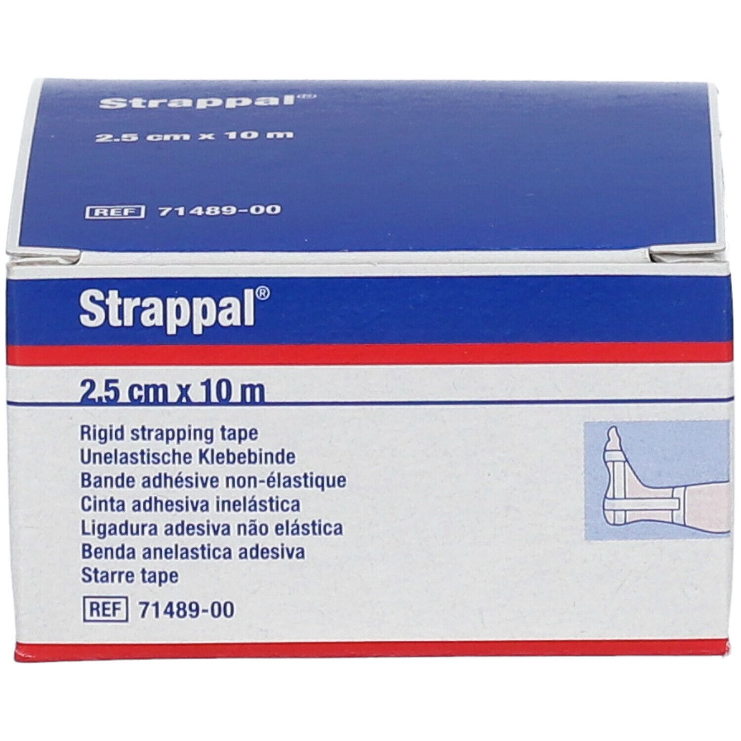 Boîte de Strappal® 2,5 cm x 10 m. Inscription: Bande adhésive non-élastique. Illustration d'un pied.