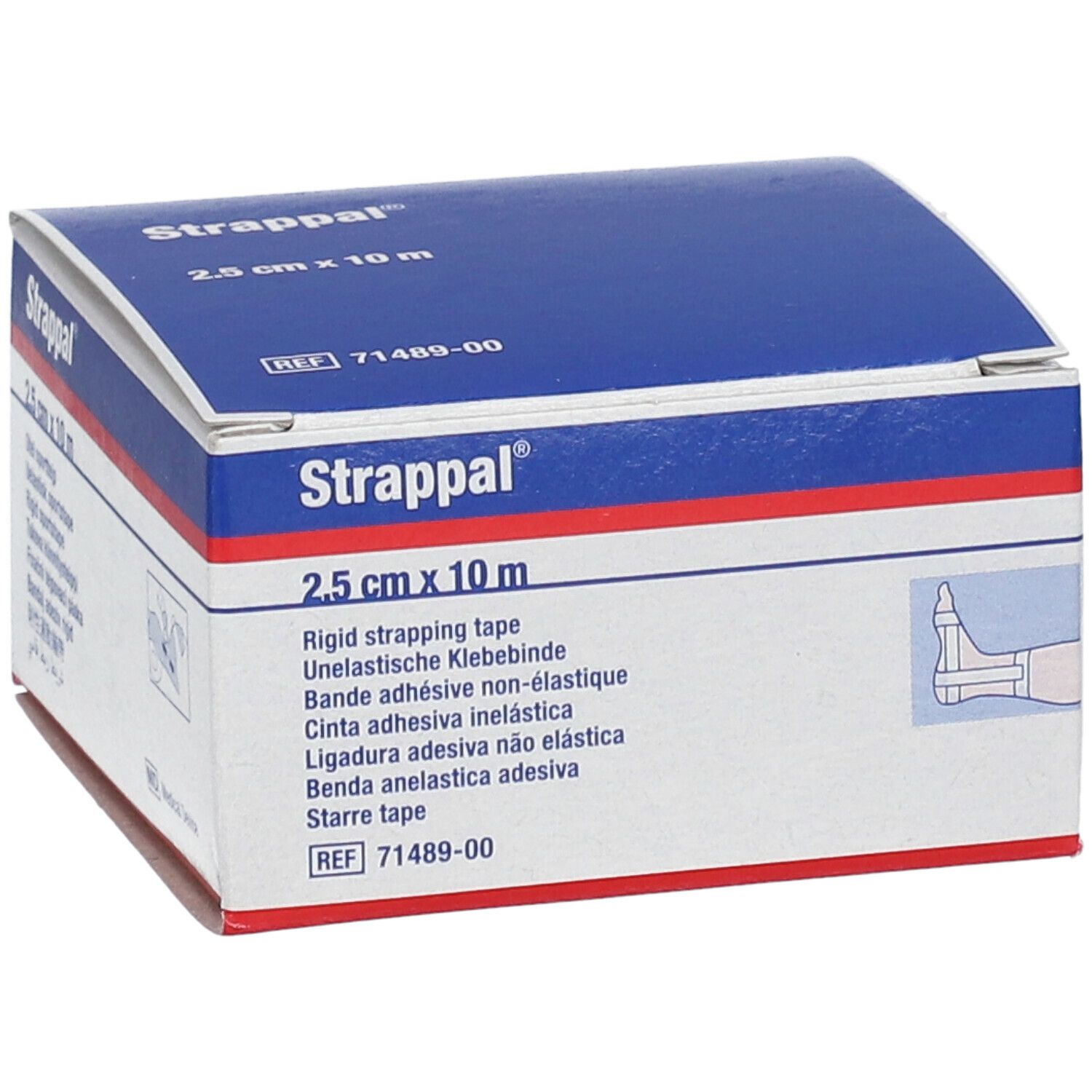Boîte de Strappal® 2,5 cm x 10 m. Inscription: Bande adhésive non-élastique. Illustration d'un pied.