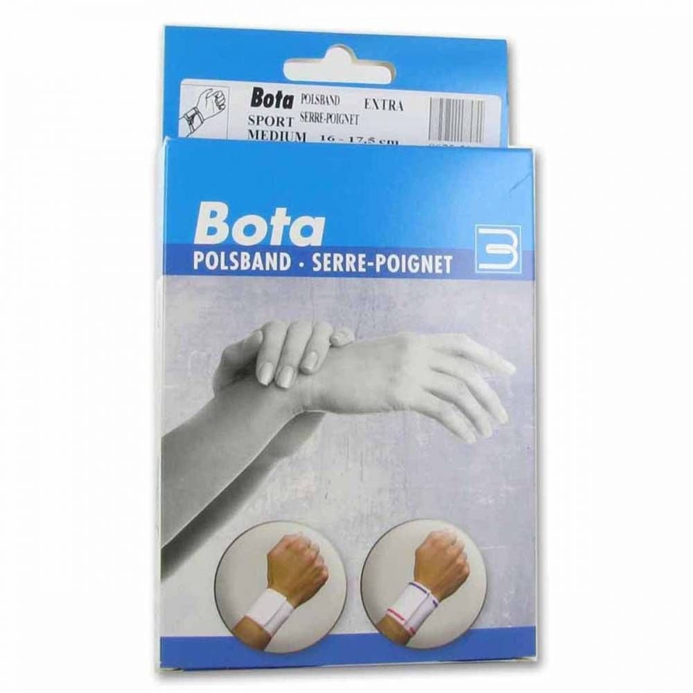 Emballage de la marque Bota. Montre une bande de poignet. Texte: POLSBAND, SERRE-POIGNET, SPORT, MEDIUM. Illustration d'un poignet.
