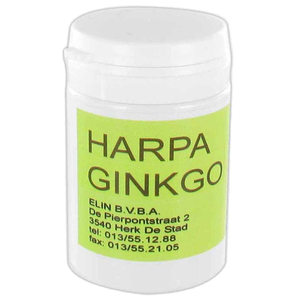 Récipient cylindrique blanc avec couvercle. Étiquette avec texte HARPA GINKGO et adresse de l'entreprise.