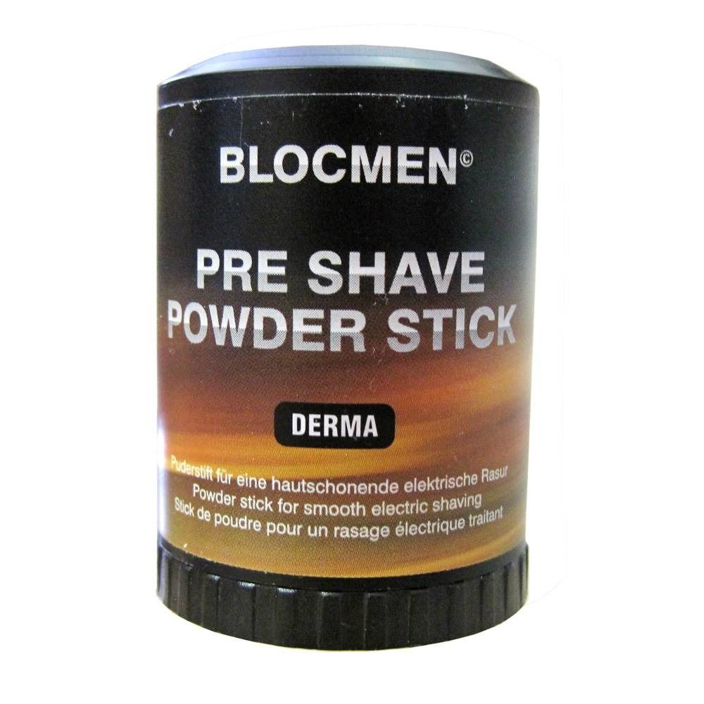 Cilindrische bus met BLOCMEN PRE SHAVE POWDER STICK. Derma-logo. Zwart deksel en bodem.