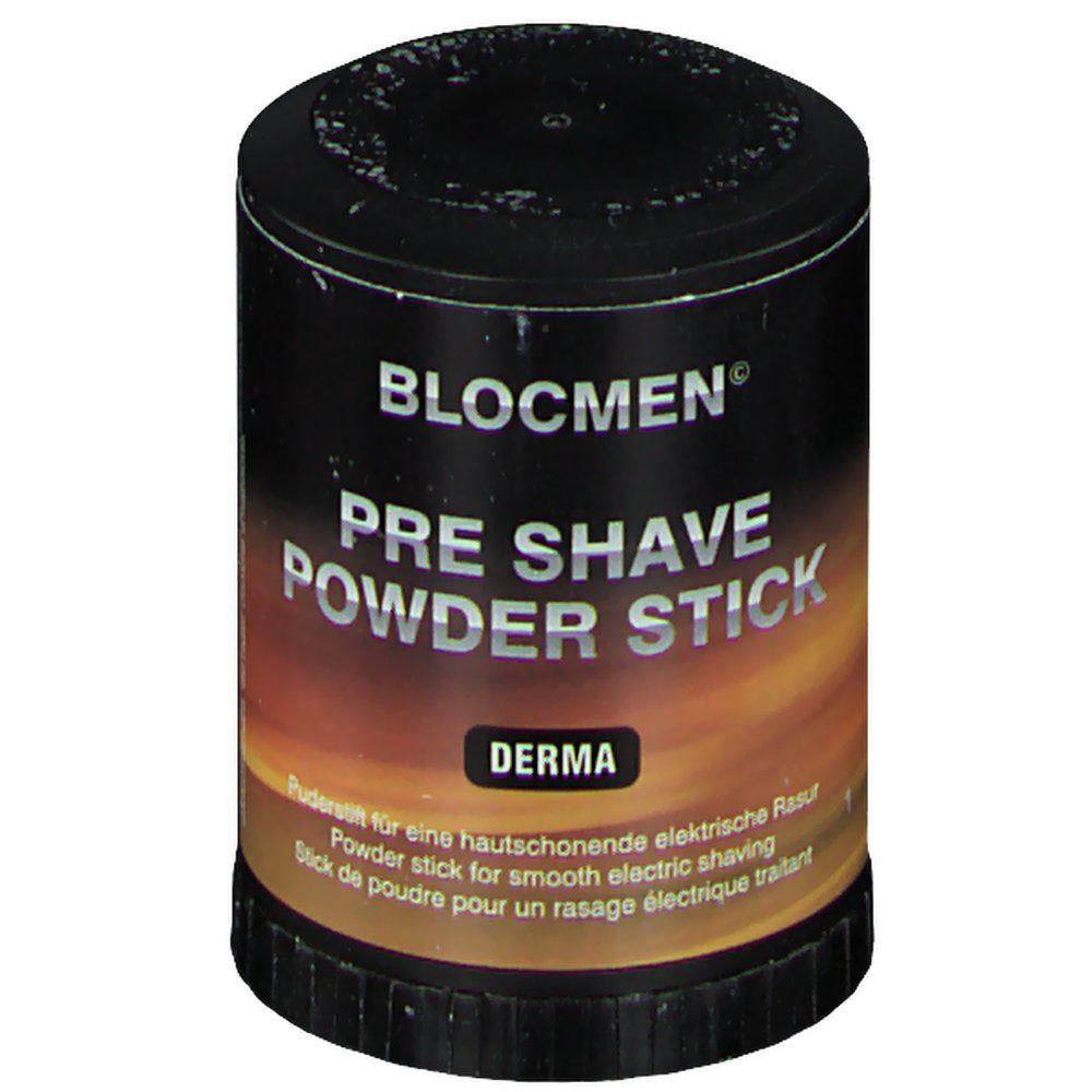 Cilindrische bus met BLOCMEN PRE SHAVE POWDER STICK. Zwart deksel en bodem. Derma-logo.