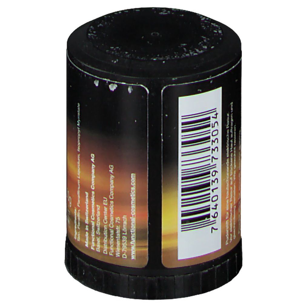 Cilindrische bus met barcode en fabrikantinfo. Zwart deksel. Gouden kleurovergang.