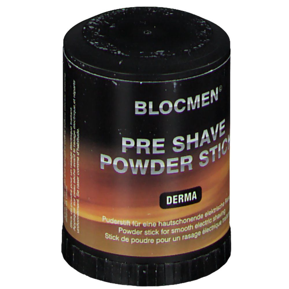 Cilindrische bus met BLOCMEN PRE SHAVE POWDER STICK. Derma-logo. Zwart deksel en bodem.